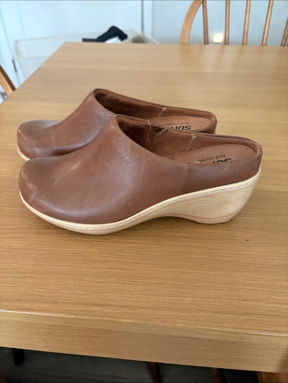 SoftWalk Brown Leather Mule with Cream Wedge Sole